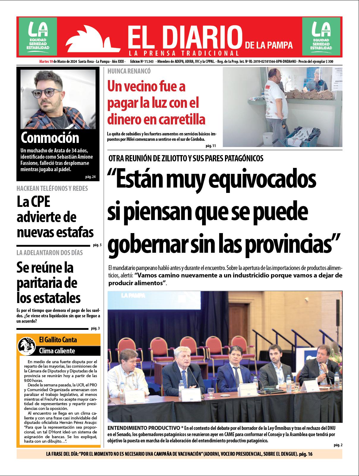 Tapa de El Diario en papel  martes 19 de marzo de 2024